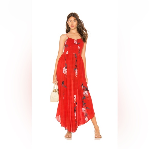 Free People Beau Smocked Printed Slip Red XS - Picture 5 of 9